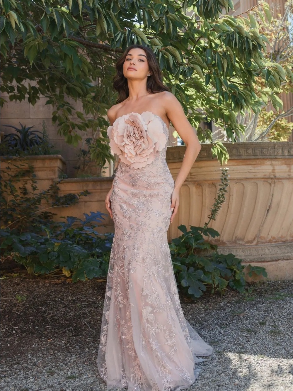 Mac Duggal 21036 Pink Strapless Lace Embellished Trumpet Gown With 3D Flower 12